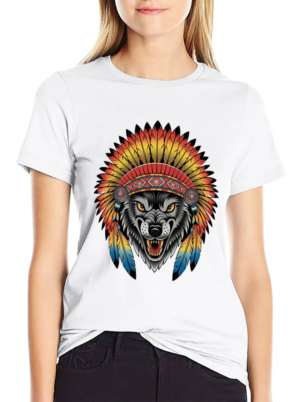 Fierce Wolf In Feathered Headdress Timeless Short Sleeve Tee – Comfy And Minimalist Design
