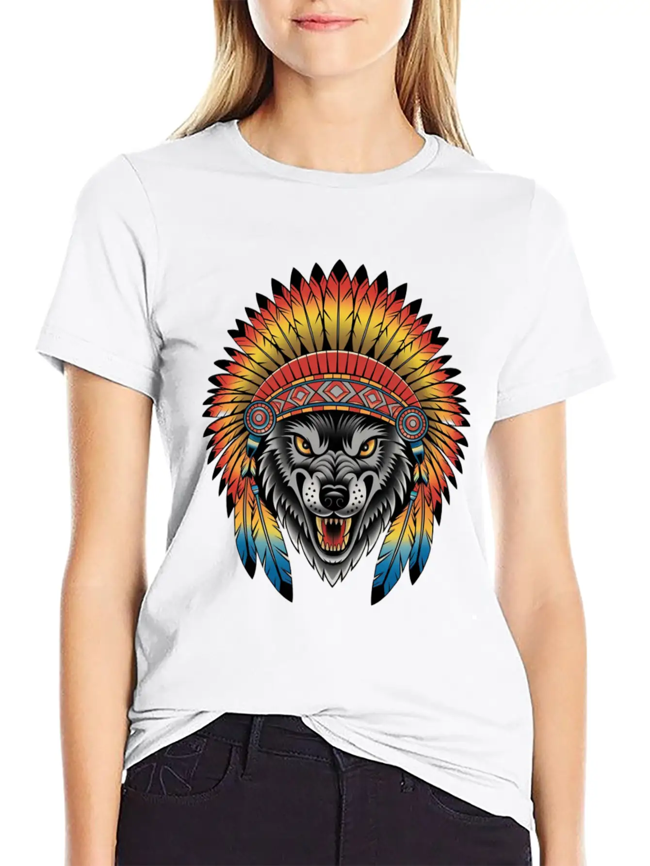 Fierce Wolf In Feathered Headdress Timeless Short Sleeve Tee – Comfy And Minimalist Design