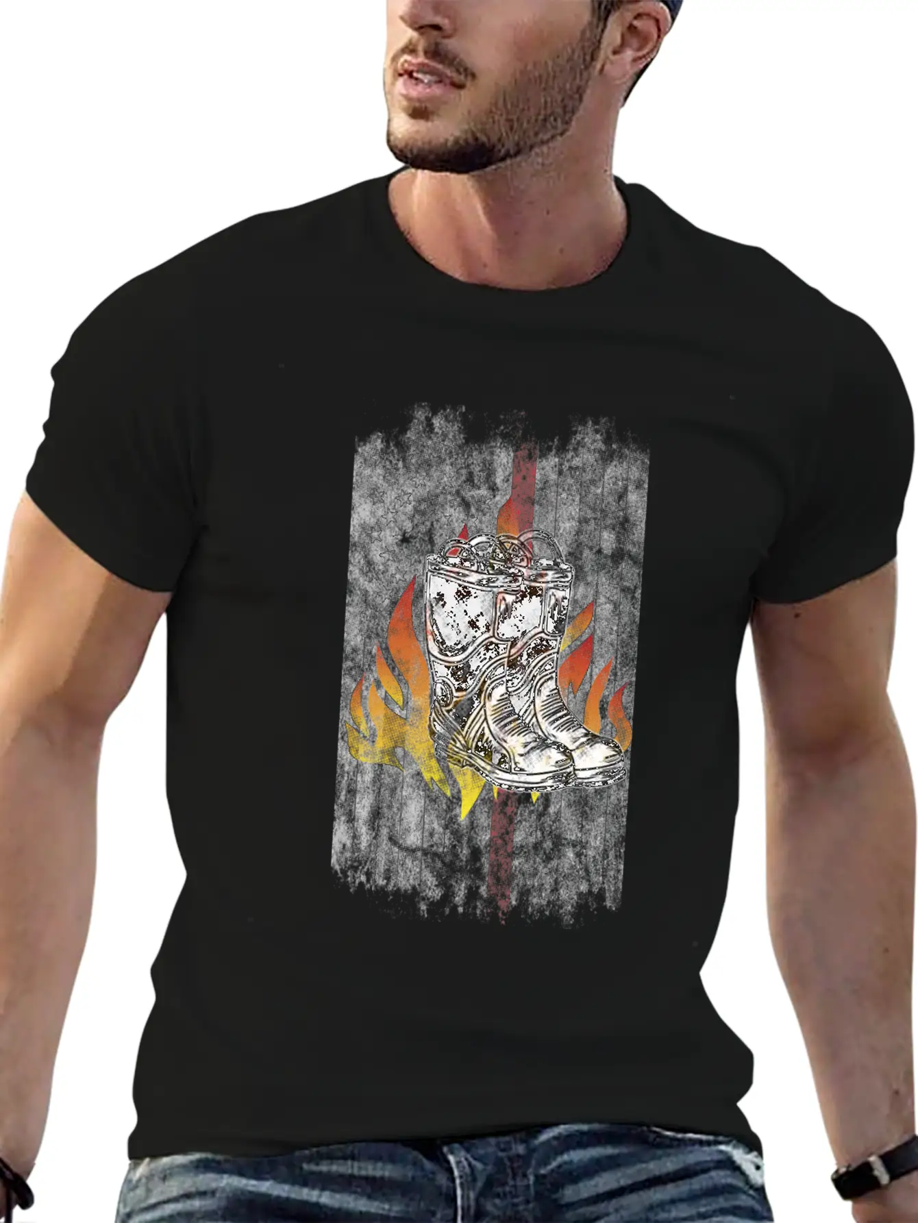 Fire Fighter Boots Flames American Flag Thin Red Essential Cotton Tee For Daily Outfits – Unisex Style