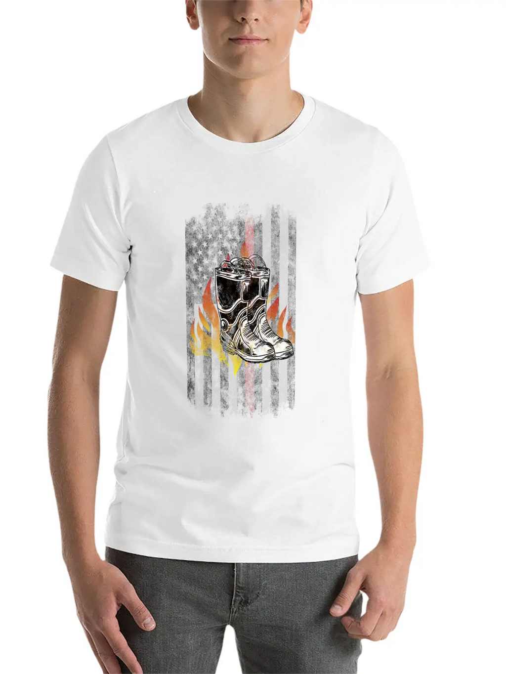 Fire Fighter Boots Flames American Flag Thin Red Essential Cotton Tee For Daily Outfits – Unisex Style
