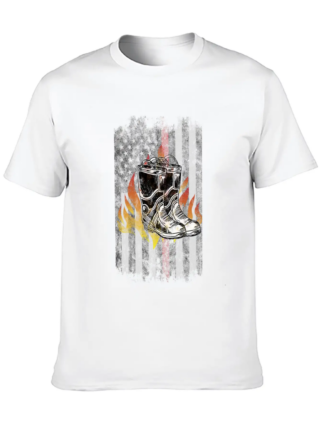 Fire Fighter Boots Flames American Flag Thin Red Essential Cotton Tee For Daily Outfits – Unisex Style