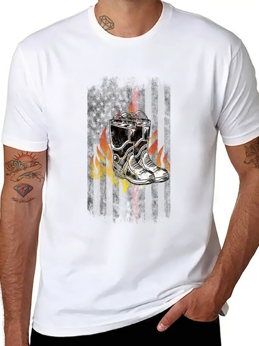 Fire Fighter Boots Flames American Flag Thin Red Essential Cotton Tee For Daily Outfits – Unisex Style