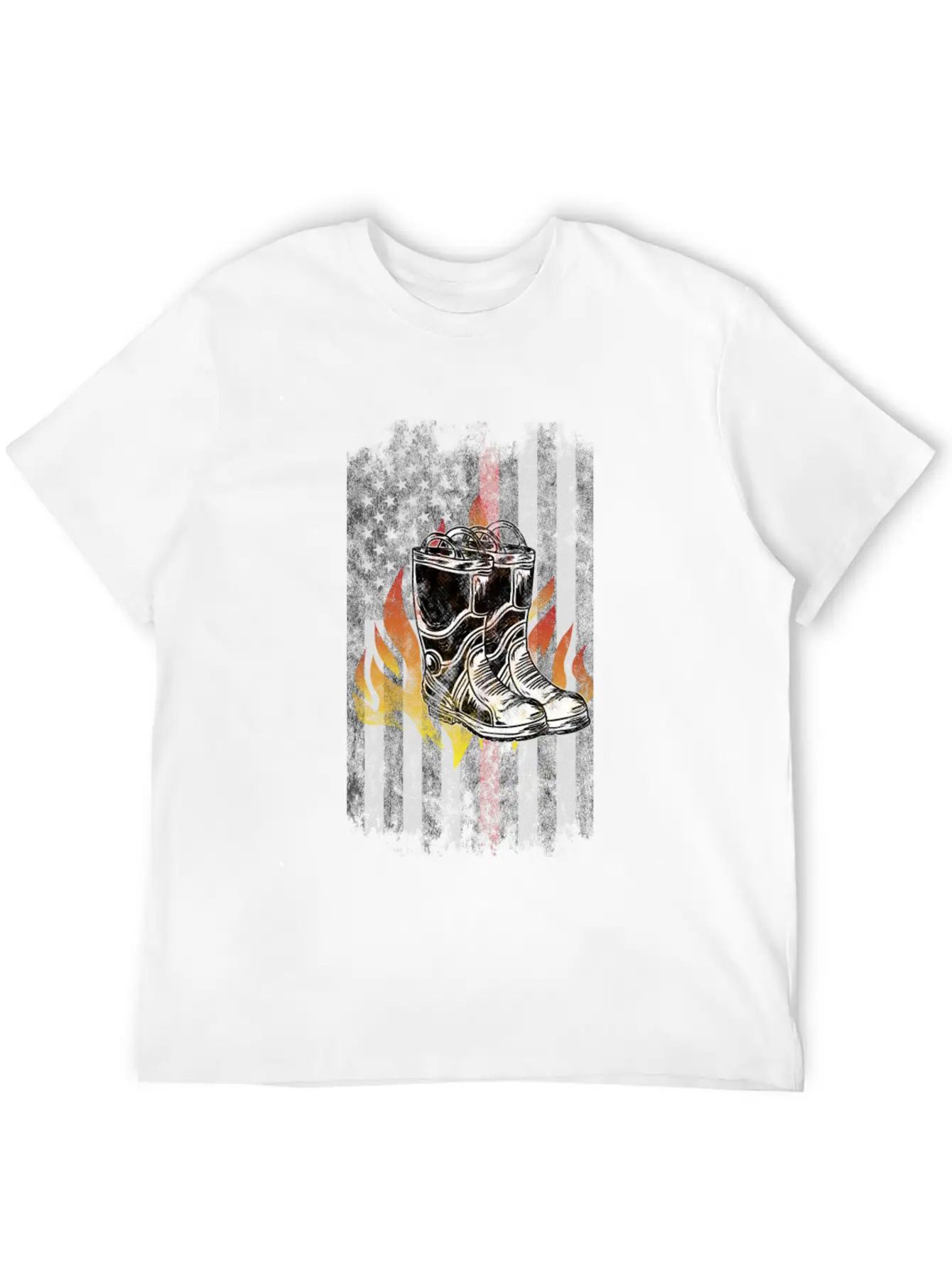 Fire Fighter Boots Flames American Flag Thin Red Essential Cotton Tee For Daily Outfits – Unisex Style