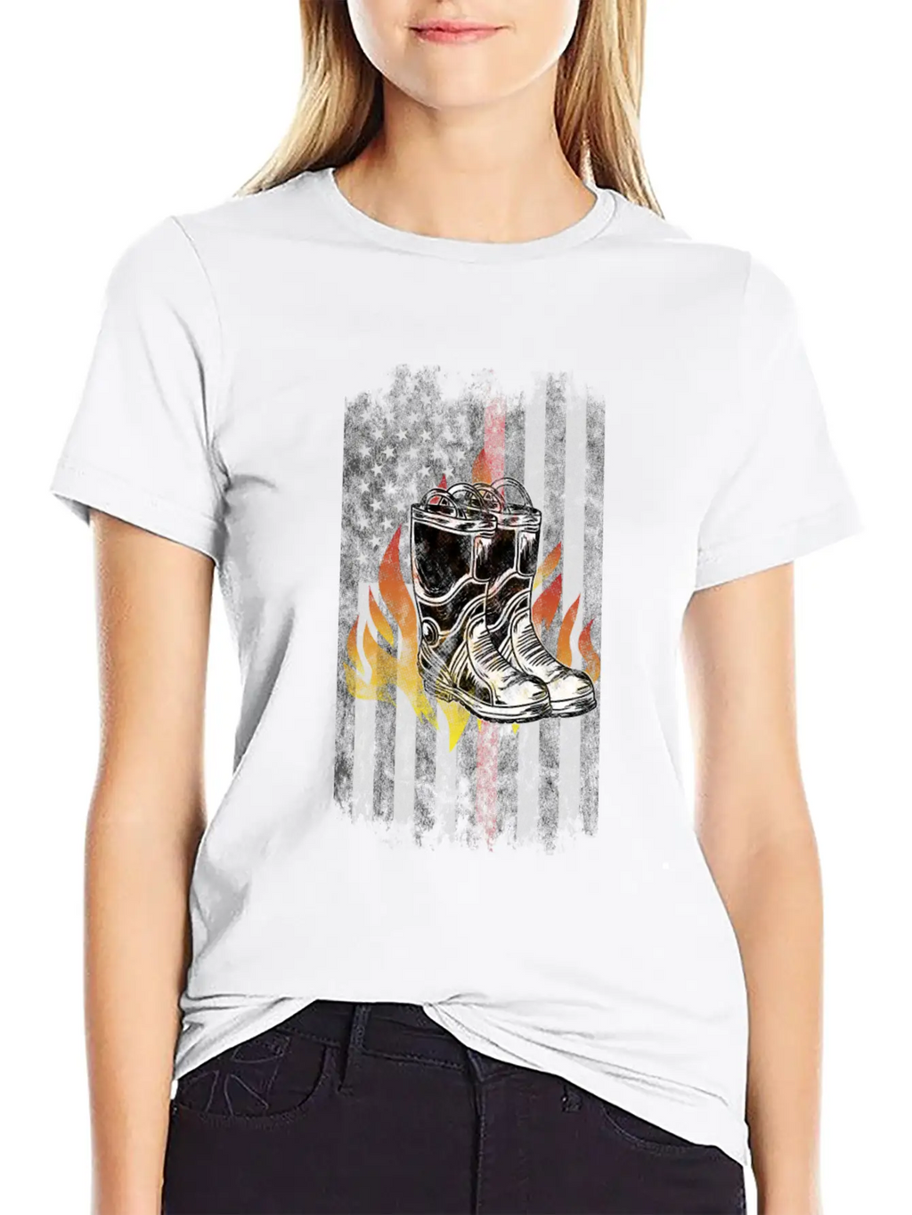 Fire Fighter Boots Flames American Flag Thin Red Essential Cotton Tee For Daily Outfits – Unisex Style