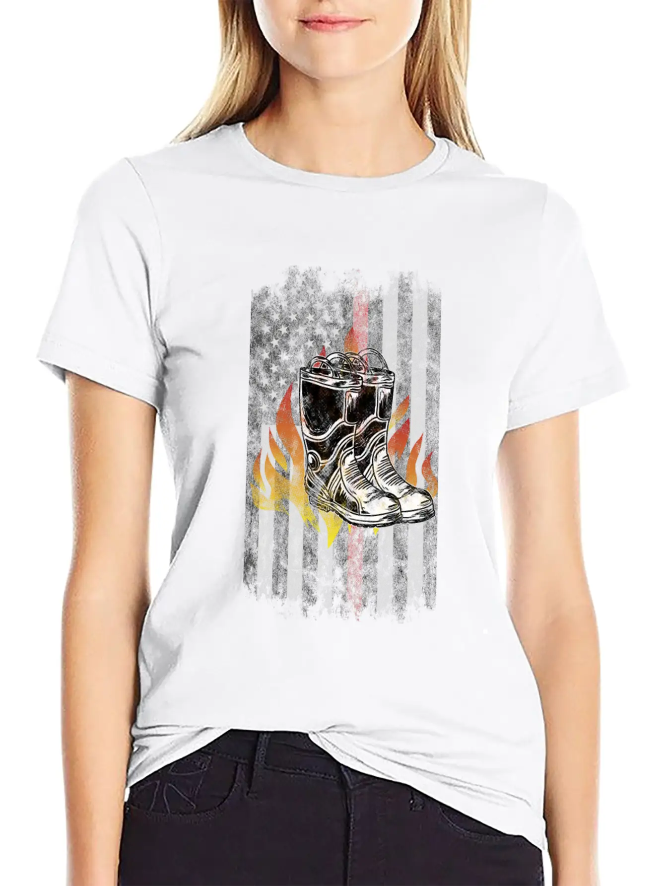 Fire Fighter Boots Flames American Flag Thin Red Essential Cotton Tee For Daily Outfits – Unisex Style
