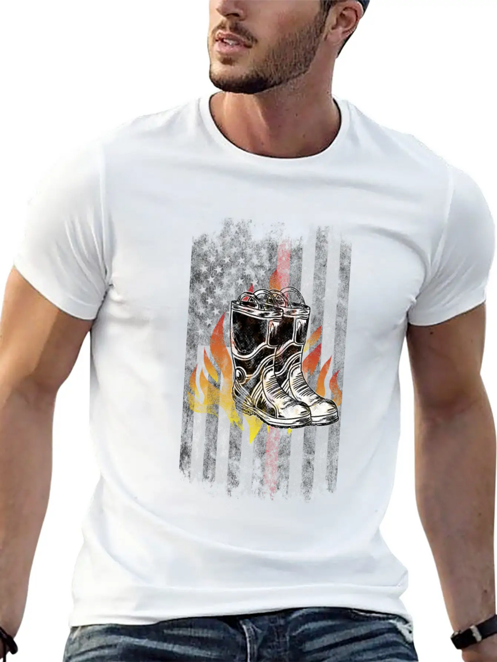Fire Fighter Boots Flames American Flag Thin Red Essential Cotton Tee For Daily Outfits – Unisex Style