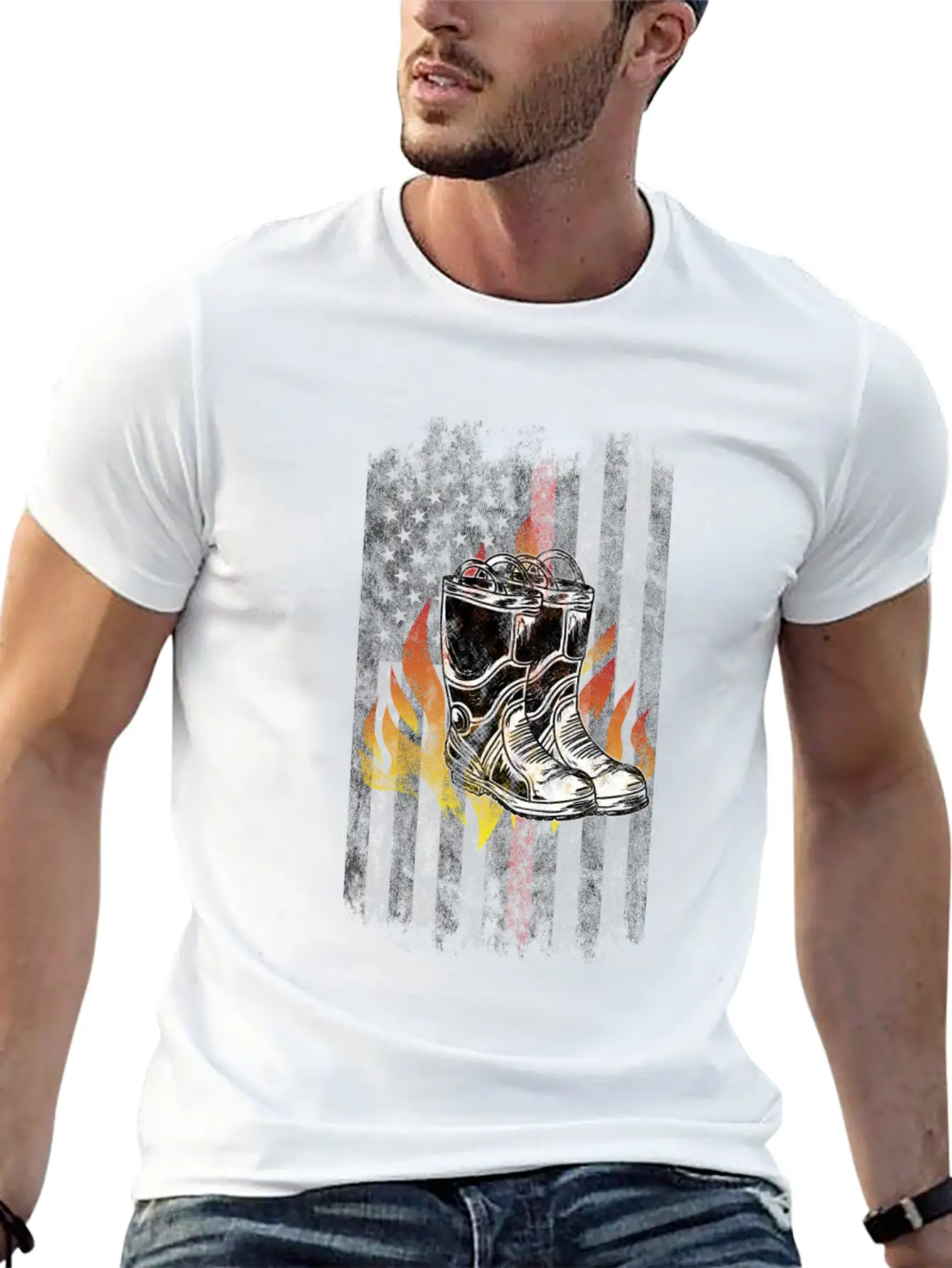 Fire Fighter Boots Flames American Flag Thin Red Essential Cotton Tee For Daily Outfits – Unisex Style