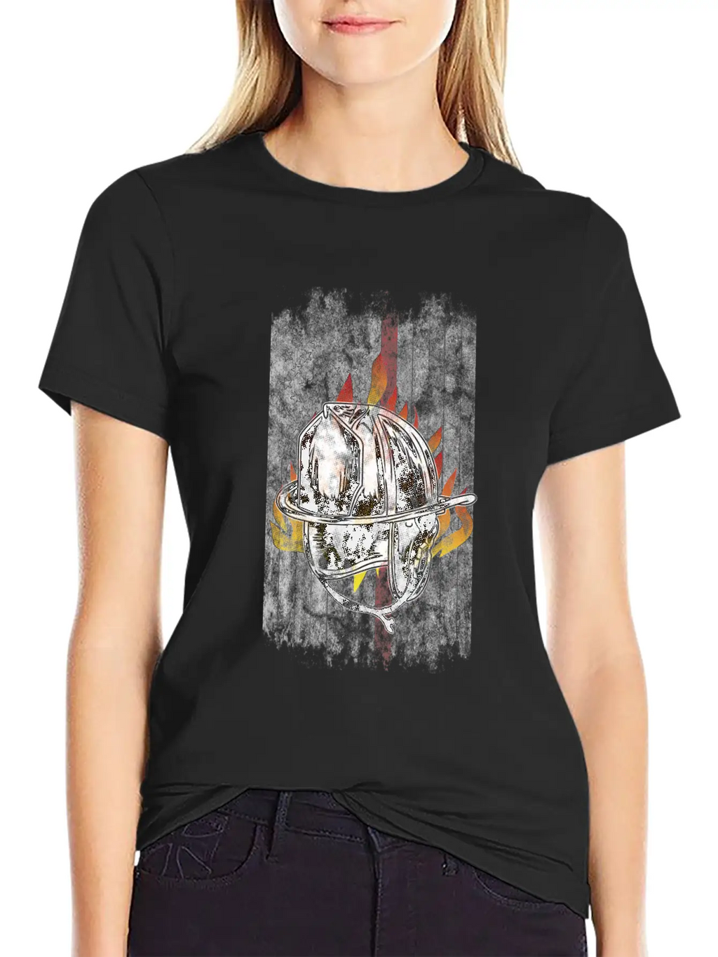Firefighter Helmet Flames American Flag Thin Red Essential Cotton Tee For Daily Outfits – Unisex Style