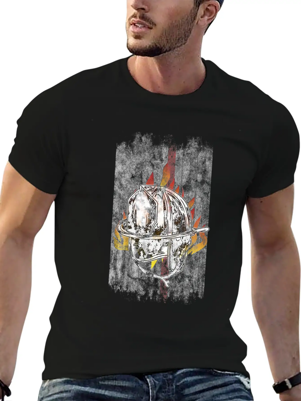 Firefighter Helmet Flames American Flag Thin Red Essential Cotton Tee For Daily Outfits – Unisex Style