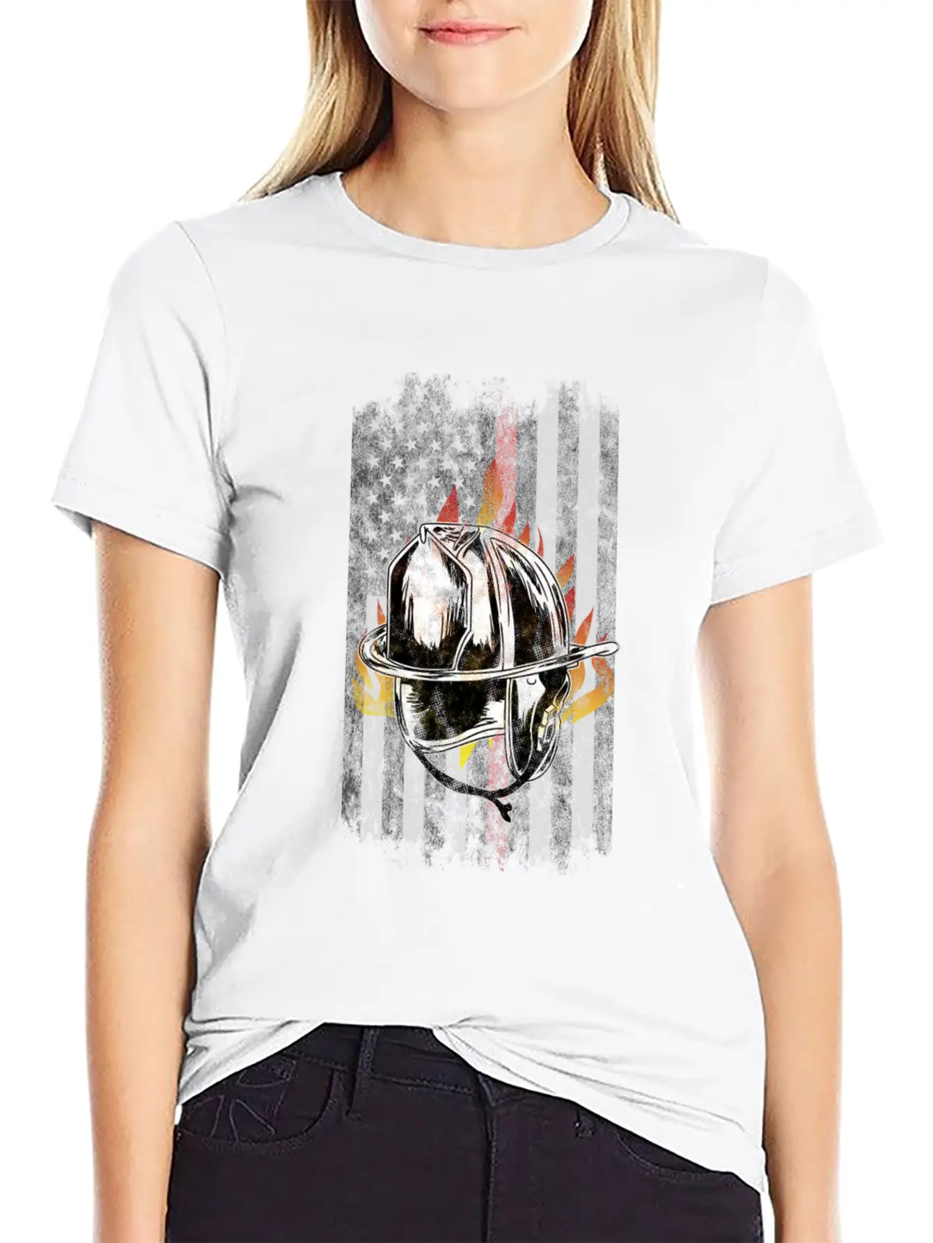 Firefighter Helmet Flames American Flag Thin Red Essential Cotton Tee For Daily Outfits – Unisex Style