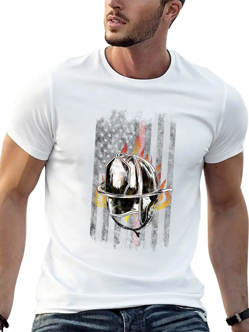 Firefighter Helmet Flames American Flag Thin Red Essential Cotton Tee For Daily Outfits – Unisex Style