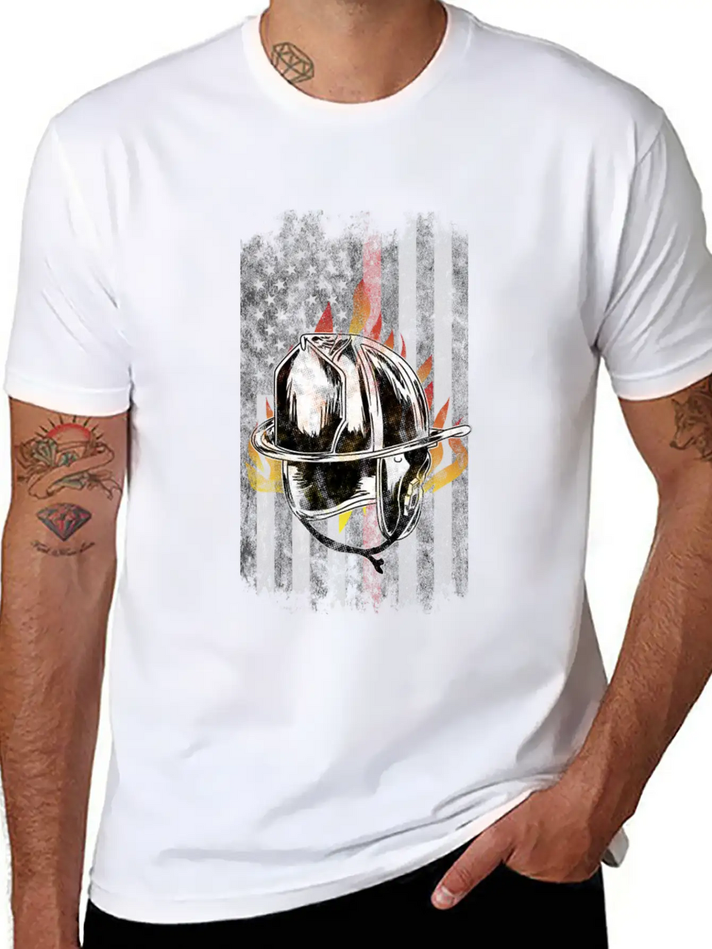 Firefighter Helmet Flames American Flag Thin Red Essential Cotton Tee For Daily Outfits – Unisex Style