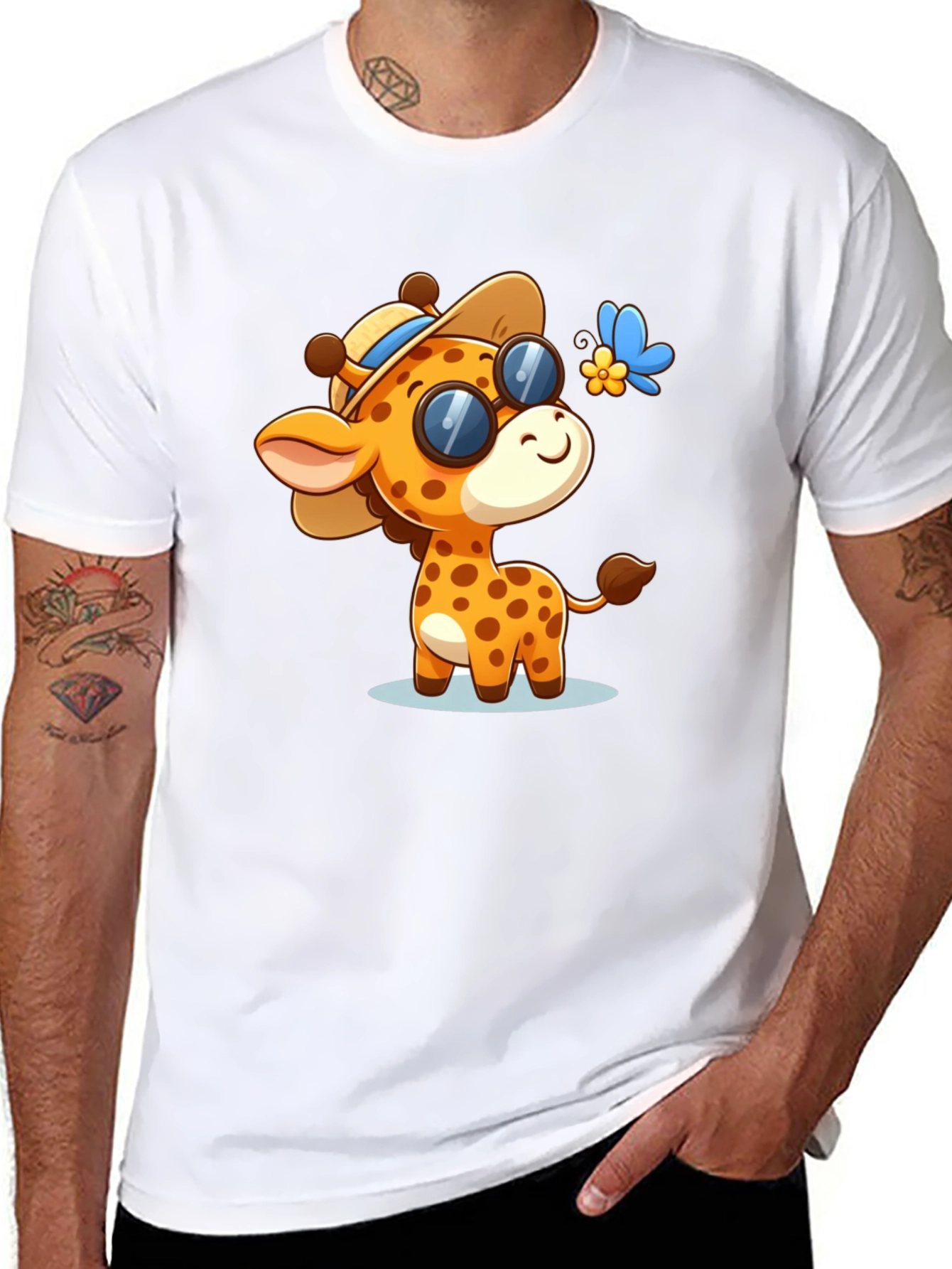 Cartoon Giraffe Graphic Tee - Stylish Black Shirt
