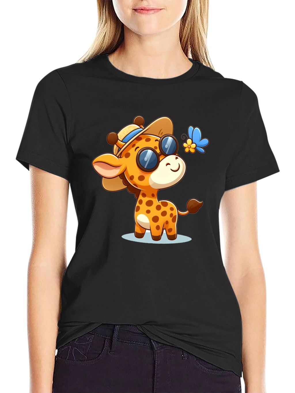 Cartoon Giraffe Graphic Tee - Stylish Black Shirt