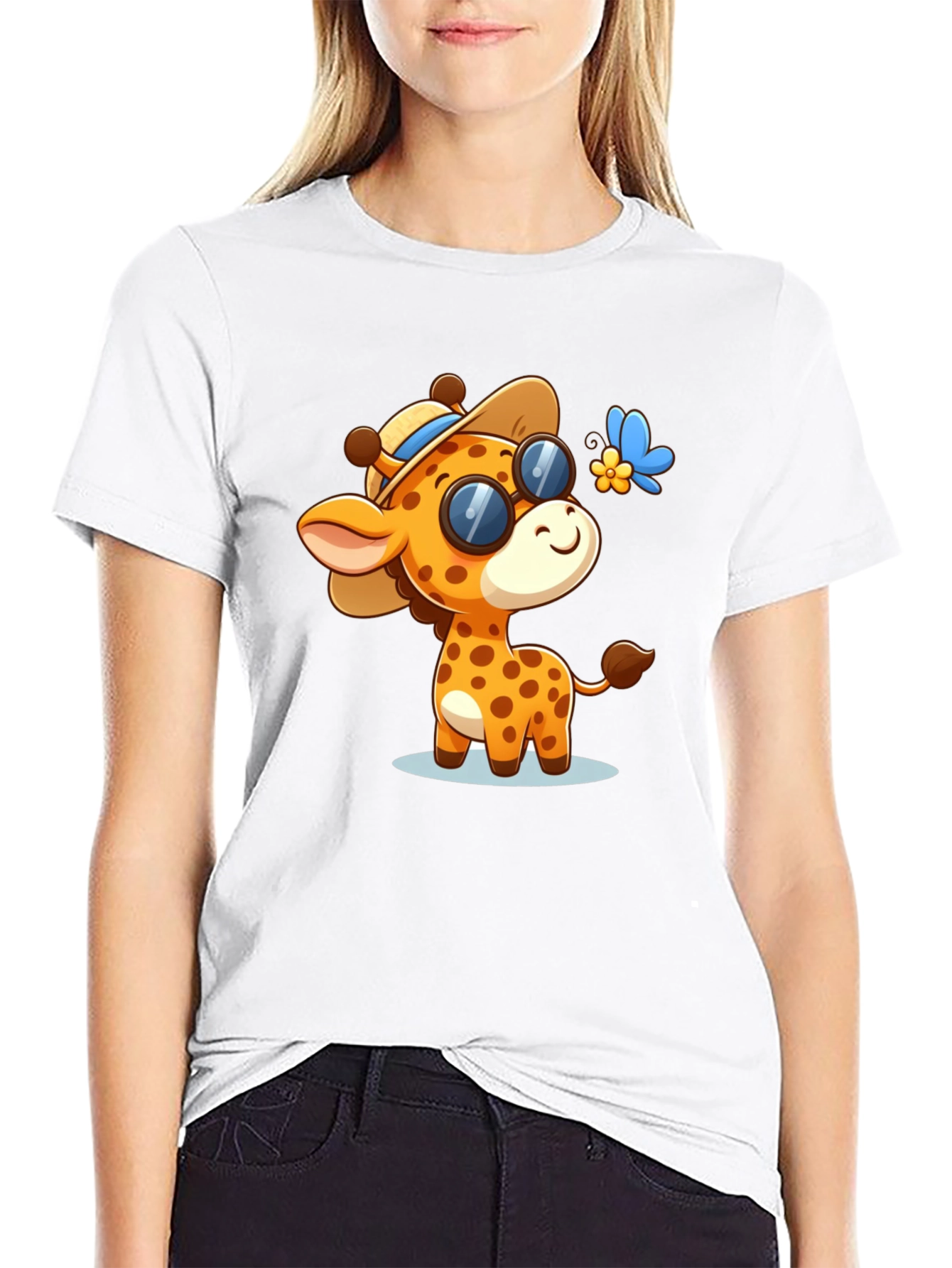 Cartoon Giraffe Graphic Tee - Stylish Black Shirt