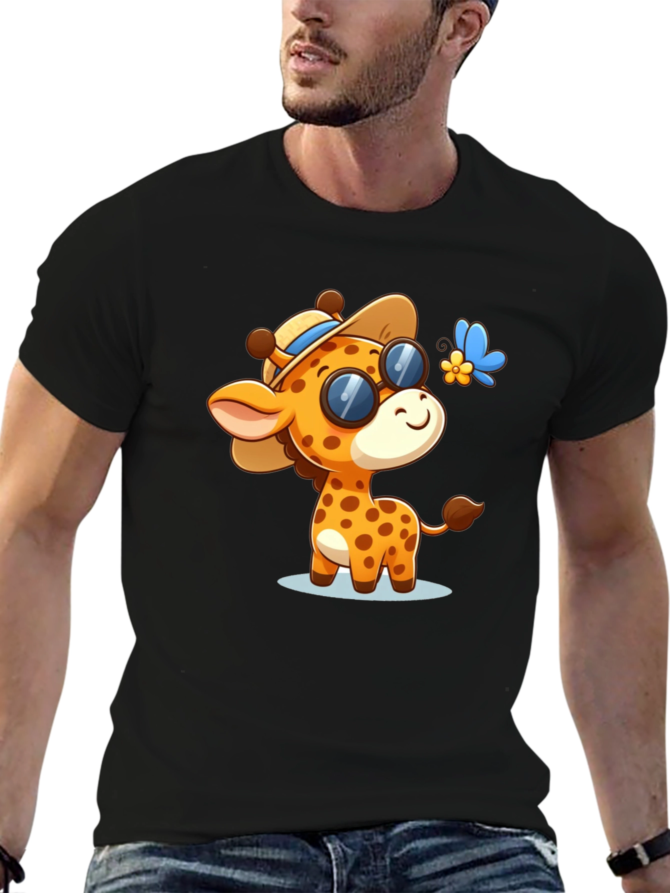 Cartoon Giraffe Graphic Tee - Stylish Black Shirt
