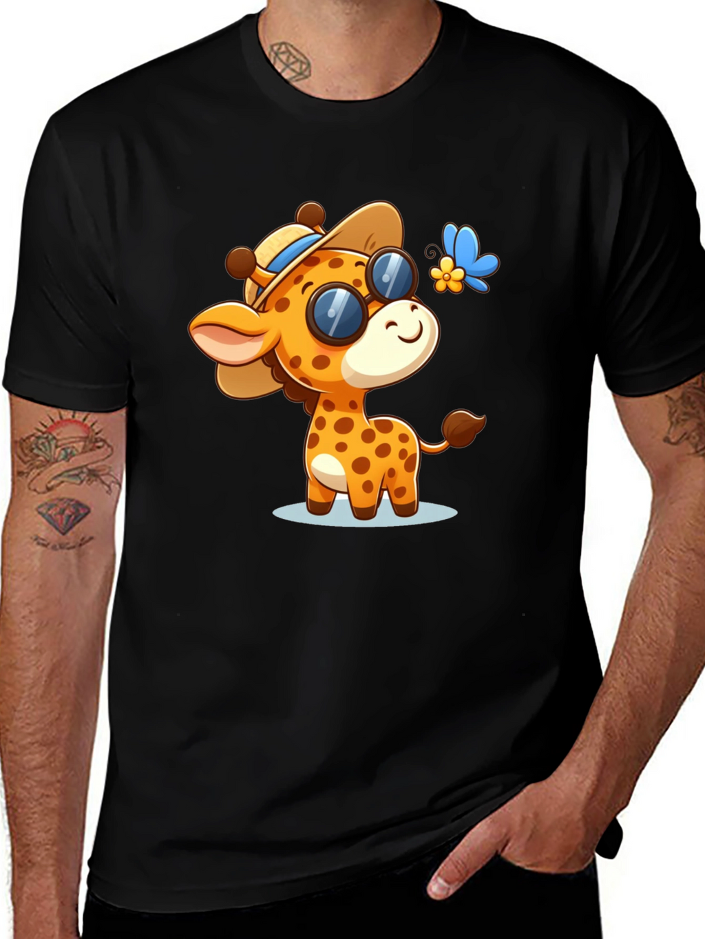 Cartoon Giraffe Graphic Tee - Stylish Black Shirt