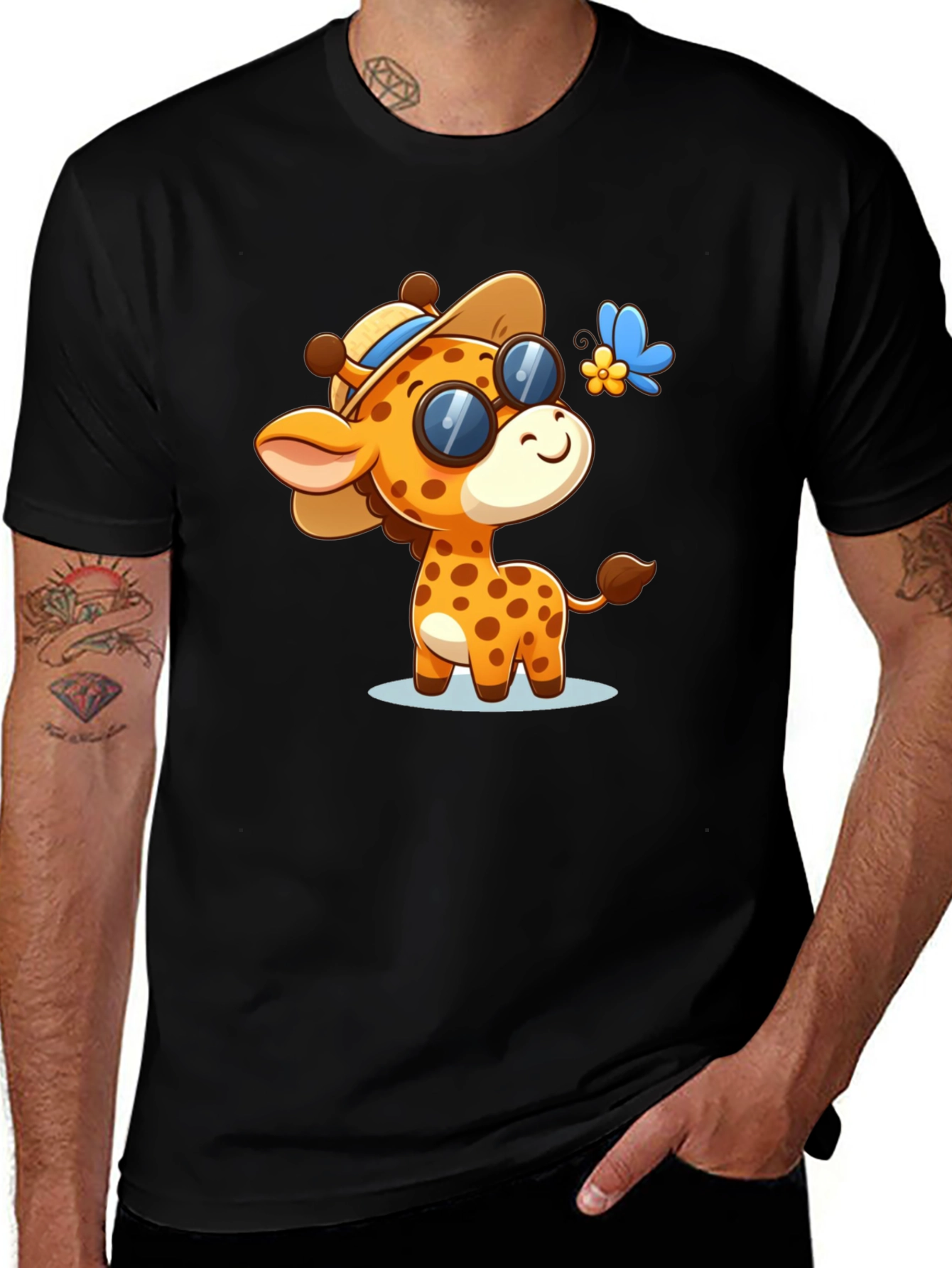 Cartoon Giraffe Graphic Tee - Stylish Black Shirt