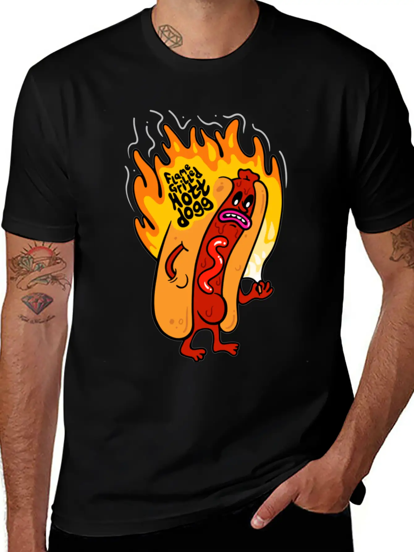 Flame Grilled Hott Dogg Breathable Graphic T-Shirt – Perfect For Casual Days