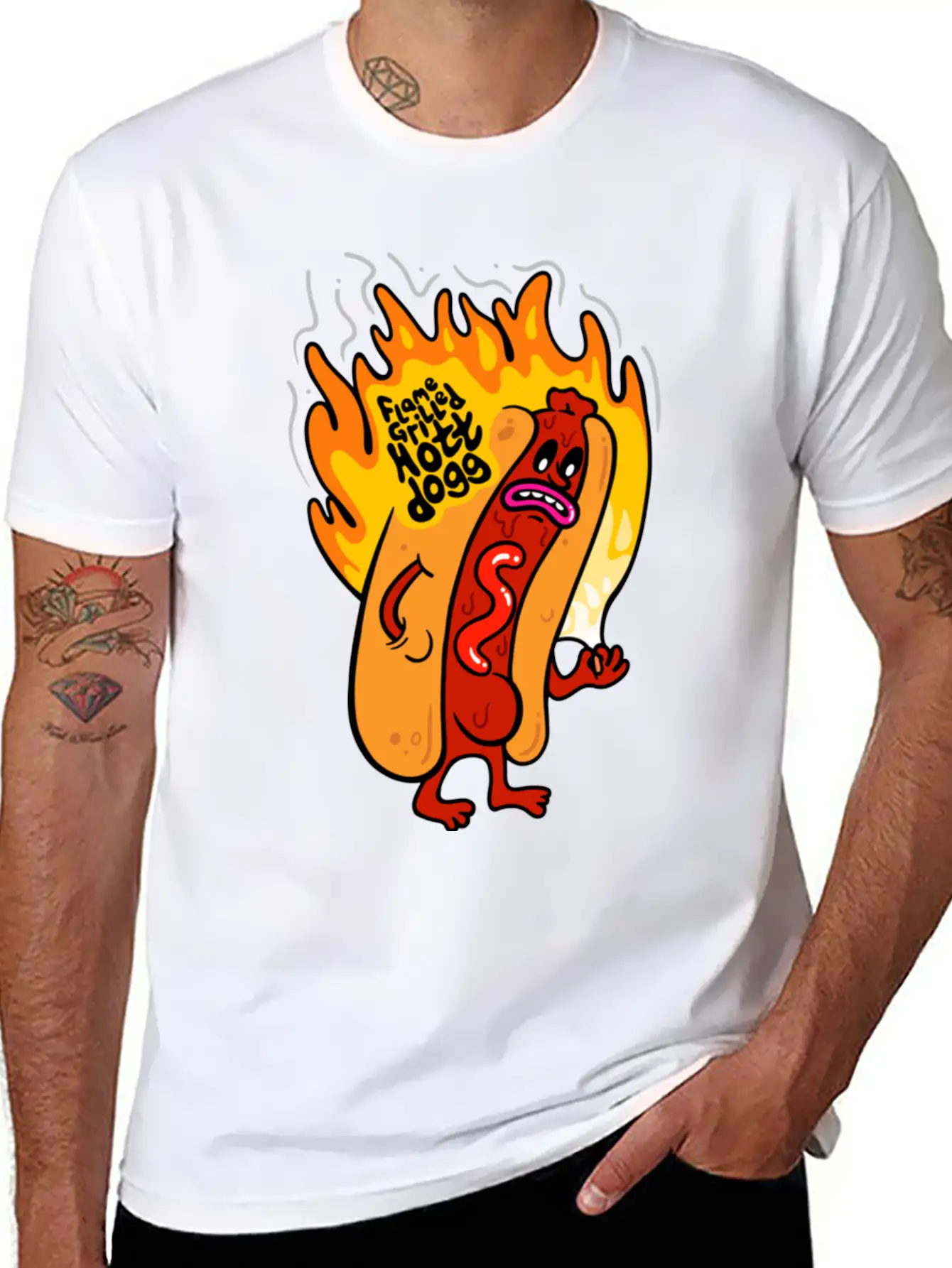 Flame Grilled Hott Dogg Breathable Graphic T-Shirt – Perfect For Casual Days