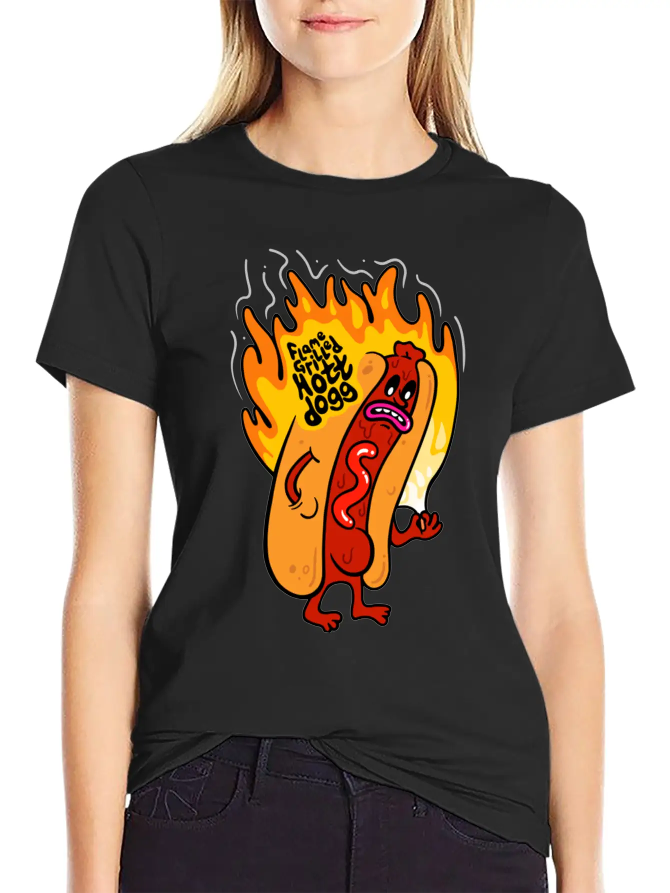 Flame Grilled Hott Dogg Breathable Graphic T-Shirt – Perfect For Casual Days