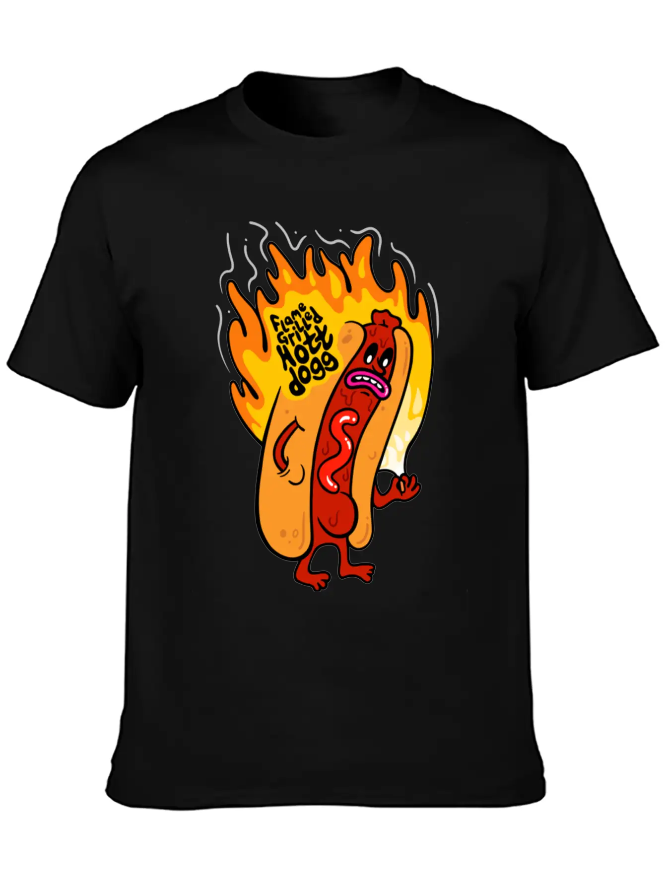 Flame Grilled Hott Dogg Breathable Graphic T-Shirt – Perfect For Casual Days