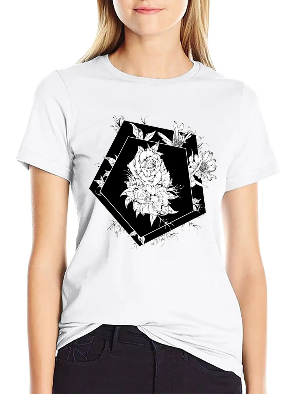 Floral Black And White Unisex Casual T-Shirt – Clean Design For Daily Comfort