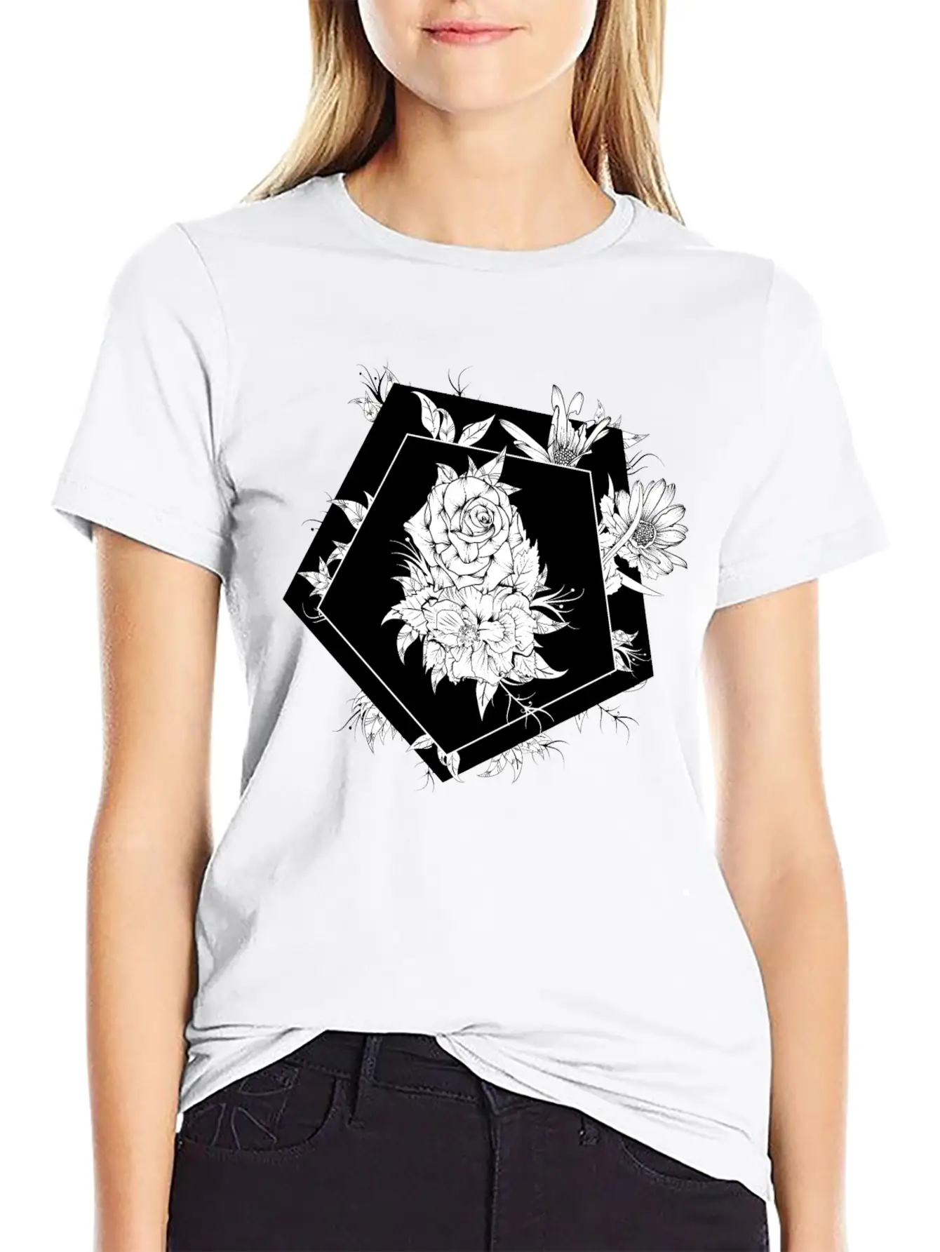 Floral Black And White Unisex Casual T-Shirt – Clean Design For Daily Comfort