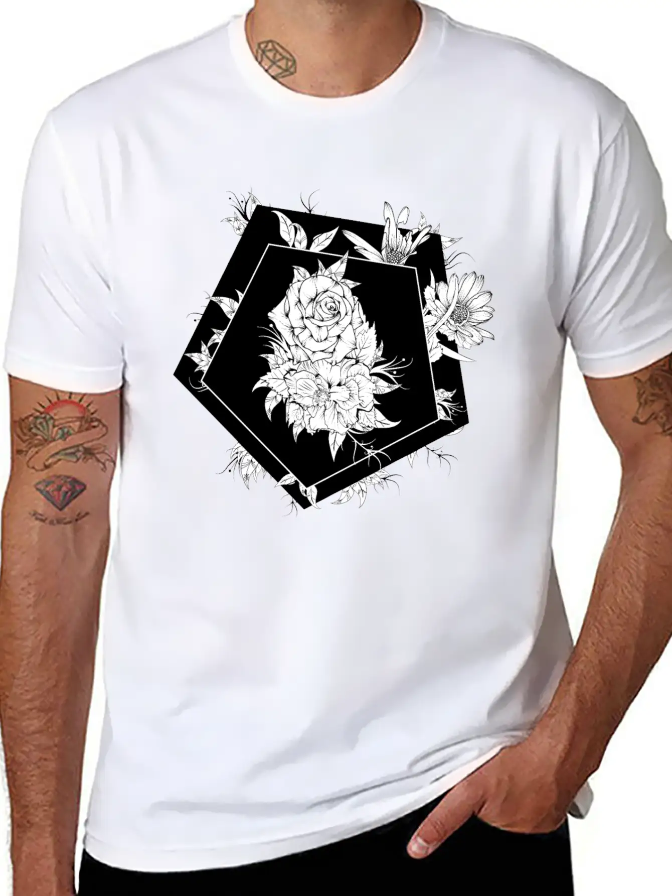 Floral Black And White Unisex Casual T-Shirt – Clean Design For Daily Comfort