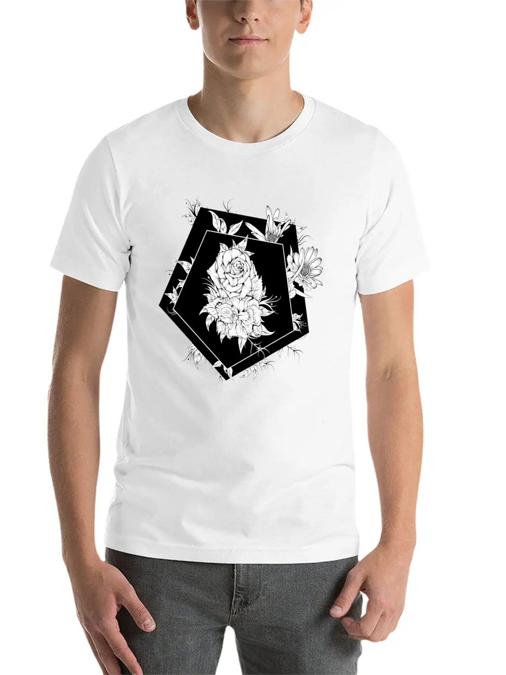 Floral Black And White Unisex Casual T-Shirt – Clean Design For Daily Comfort