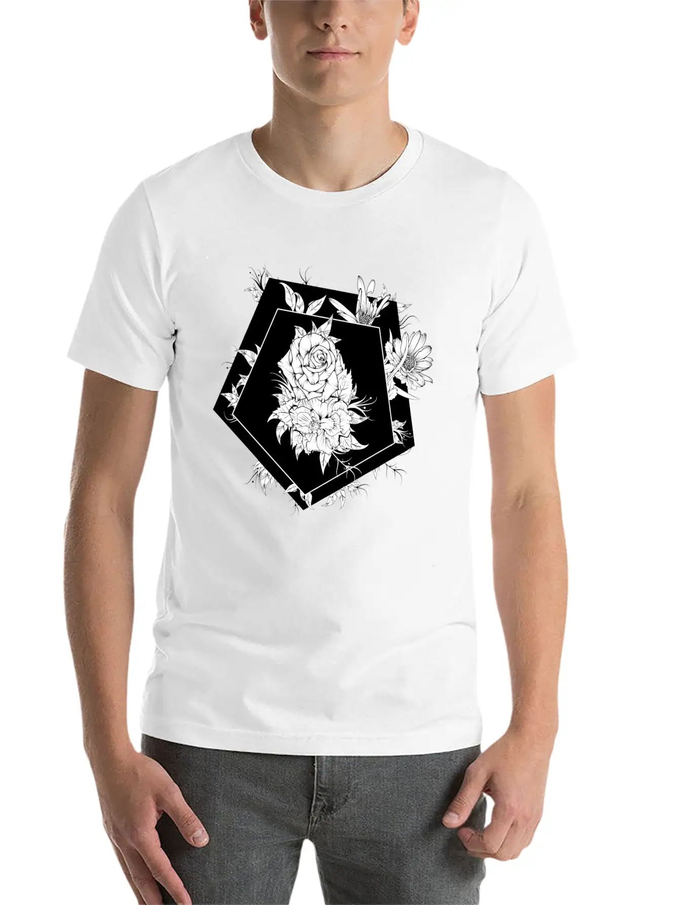 Floral Black And White Unisex Casual T-Shirt – Clean Design For Daily Comfort