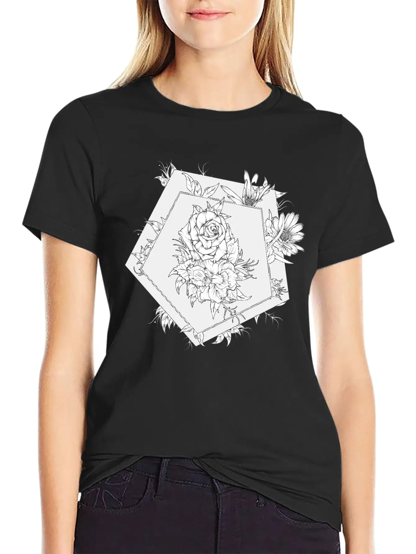 Floral Black And White Unisex Casual T-Shirt – Clean Design For Daily Comfort