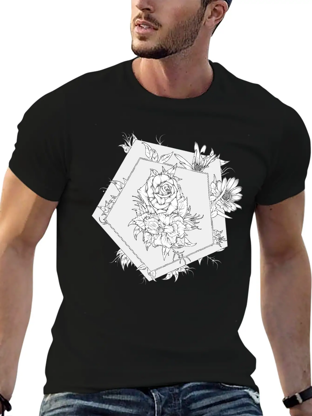 Floral Black And White Unisex Casual T-Shirt – Clean Design For Daily Comfort