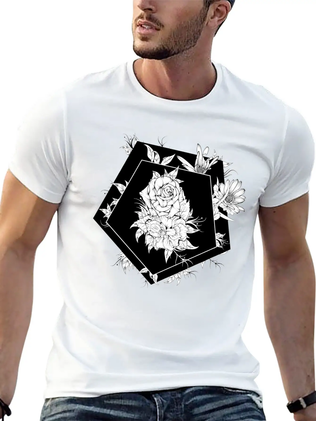 Floral Black And White Unisex Casual T-Shirt – Clean Design For Daily Comfort