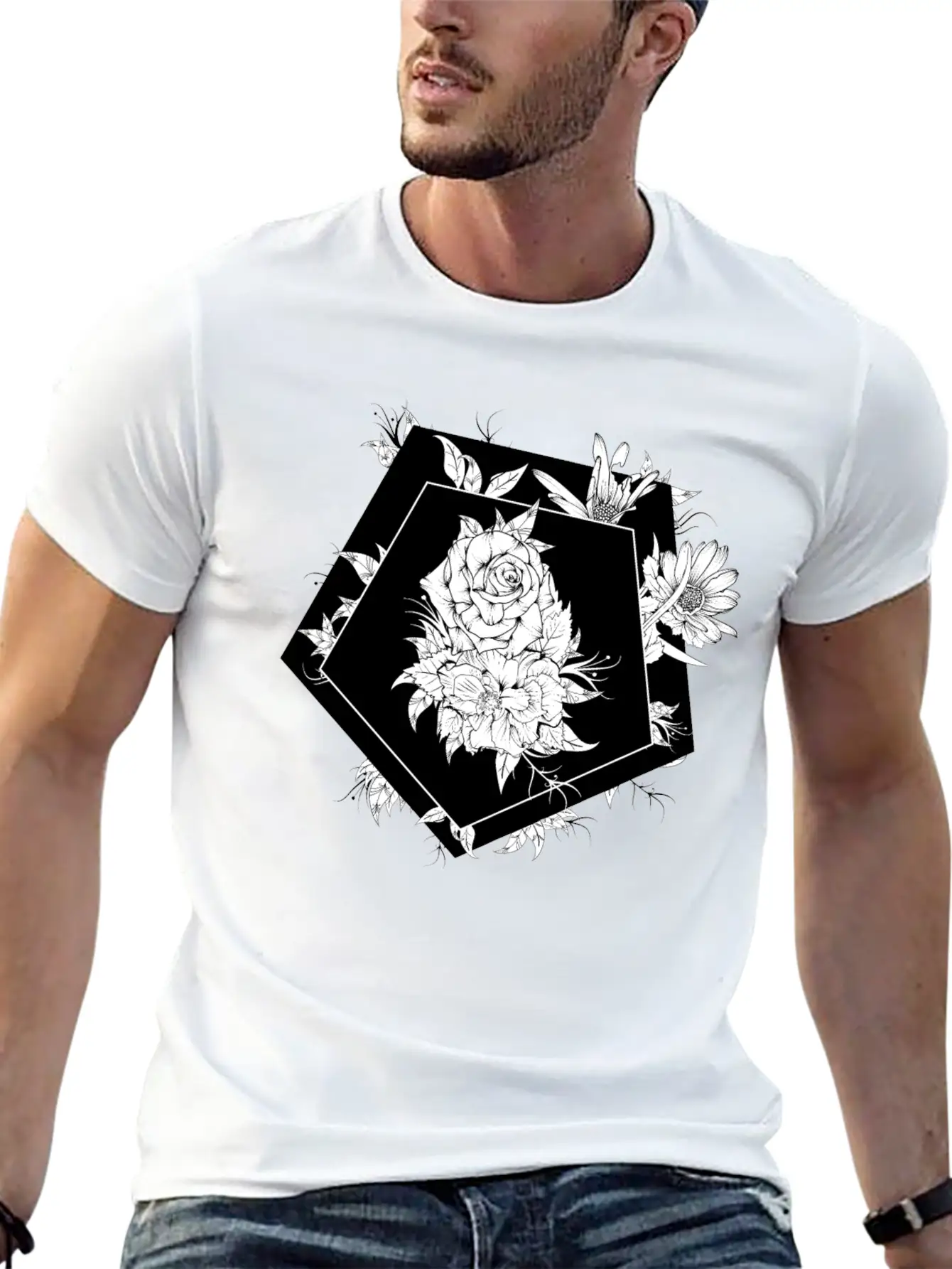 Floral Black And White Unisex Casual T-Shirt – Clean Design For Daily Comfort