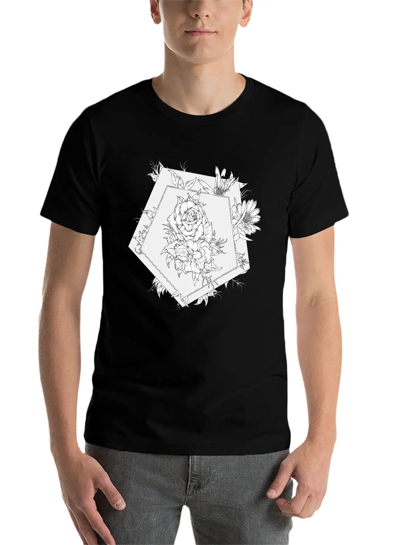 Floral Black And White Unisex Casual T-Shirt – Clean Design For Daily Comfort