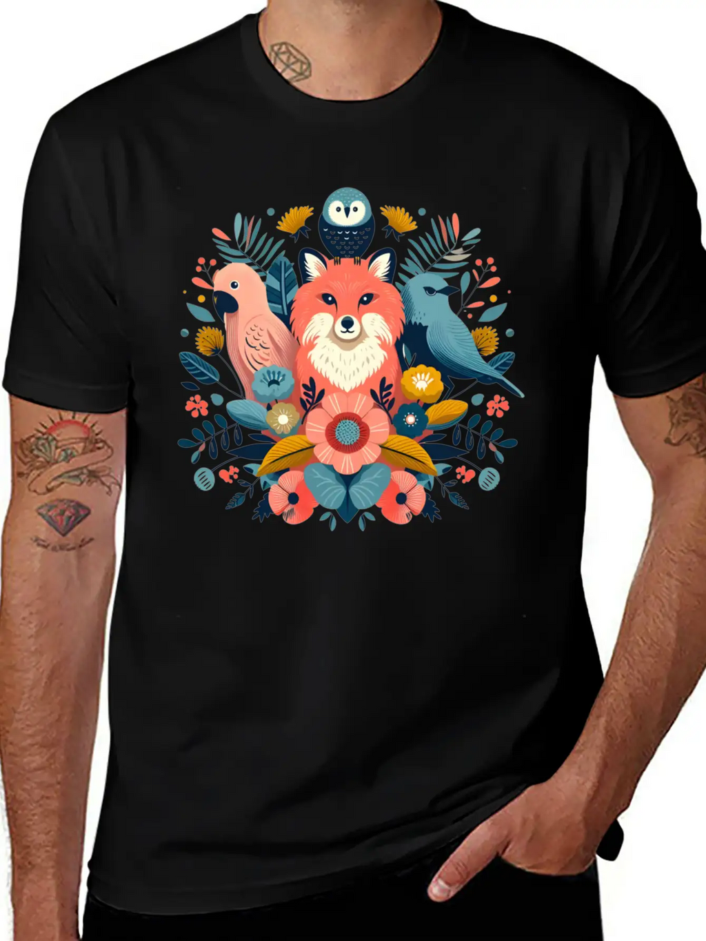 Floral Fox And Avian Harmony Timeless Short Sleeve Tee – Comfy And Minimalist Design