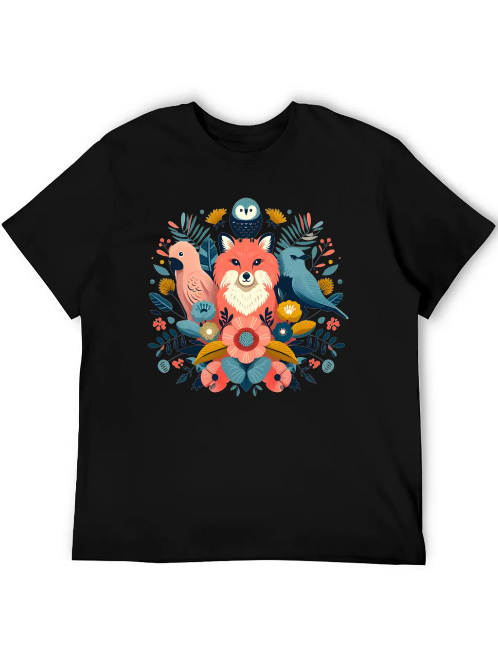 Floral Fox And Avian Harmony Timeless Short Sleeve Tee – Comfy And Minimalist Design