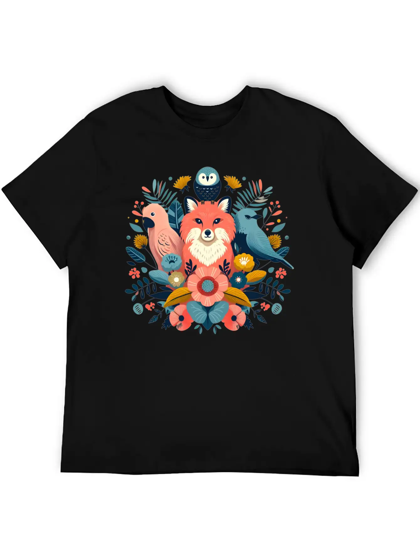 Floral Fox And Avian Harmony Timeless Short Sleeve Tee – Comfy And Minimalist Design
