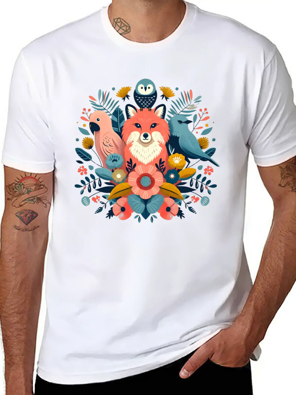 Floral Fox And Avian Harmony Timeless Short Sleeve Tee – Comfy And Minimalist Design