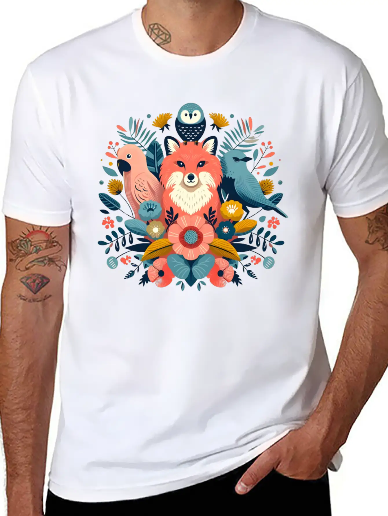 Floral Fox And Avian Harmony Timeless Short Sleeve Tee – Comfy And Minimalist Design