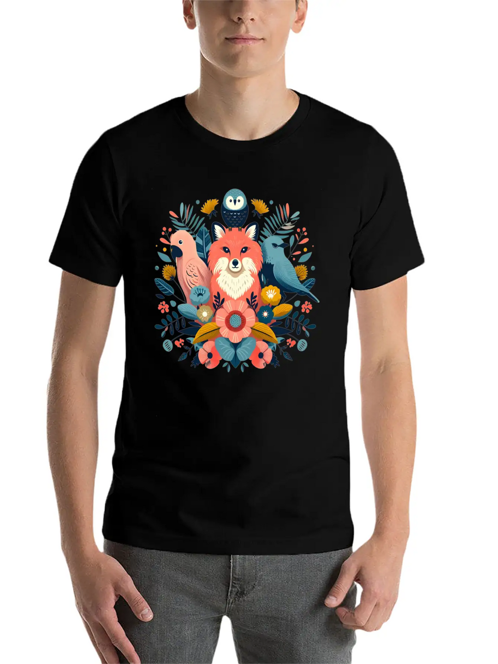 Floral Fox And Avian Harmony Timeless Short Sleeve Tee – Comfy And Minimalist Design