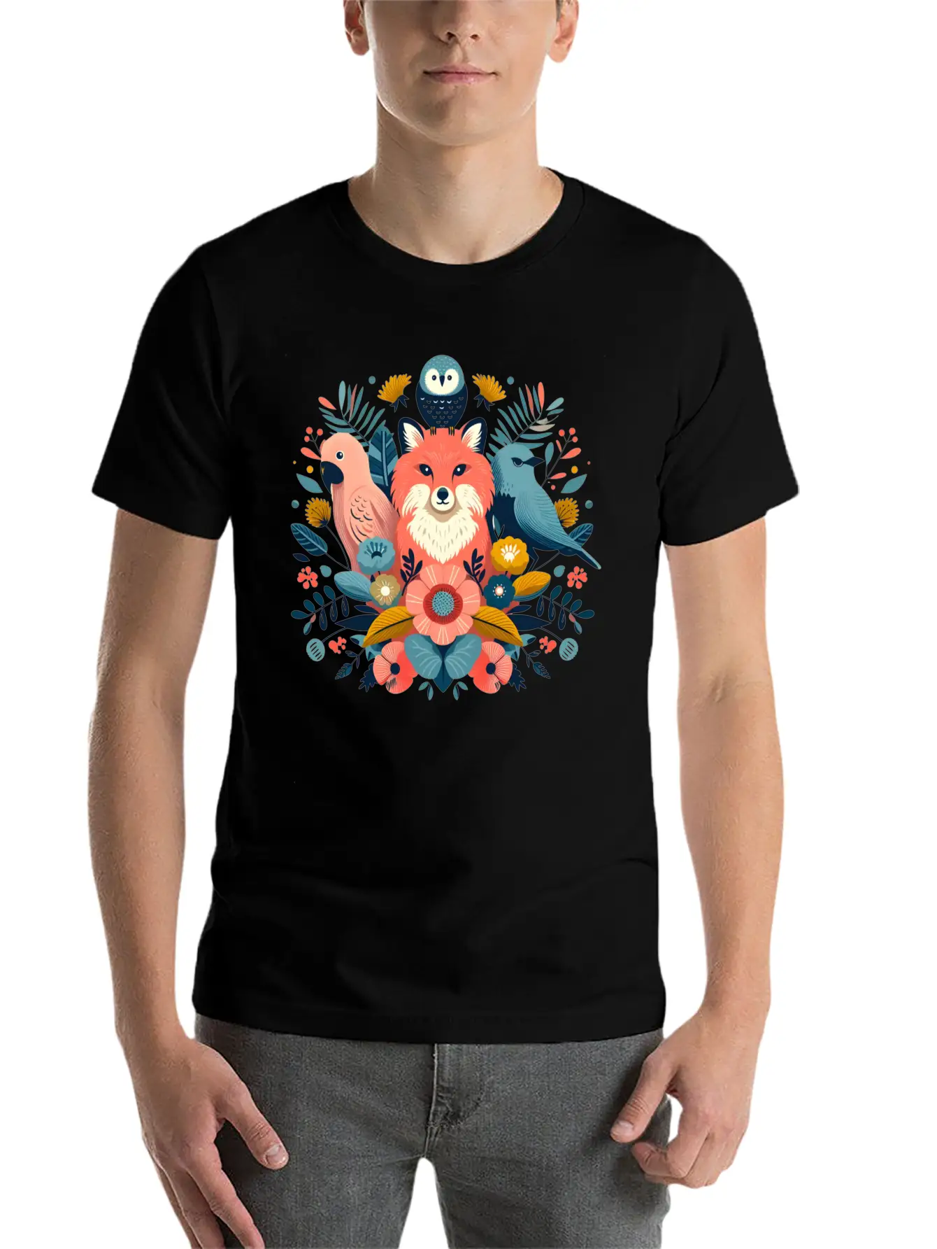 Floral Fox And Avian Harmony Timeless Short Sleeve Tee – Comfy And Minimalist Design