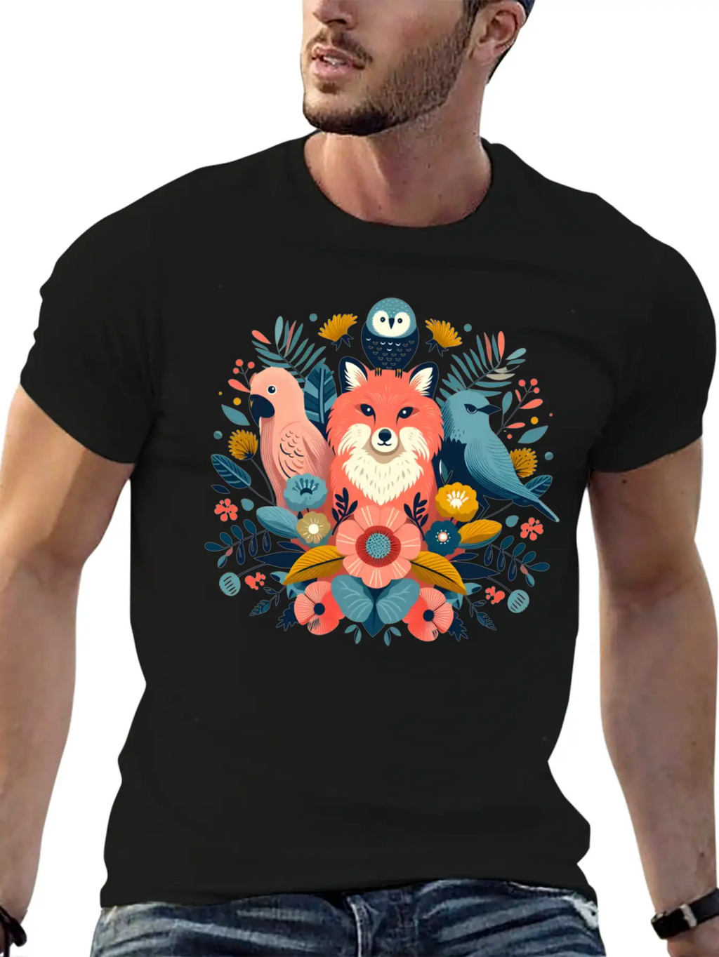 Floral Fox And Avian Harmony Timeless Short Sleeve Tee – Comfy And Minimalist Design