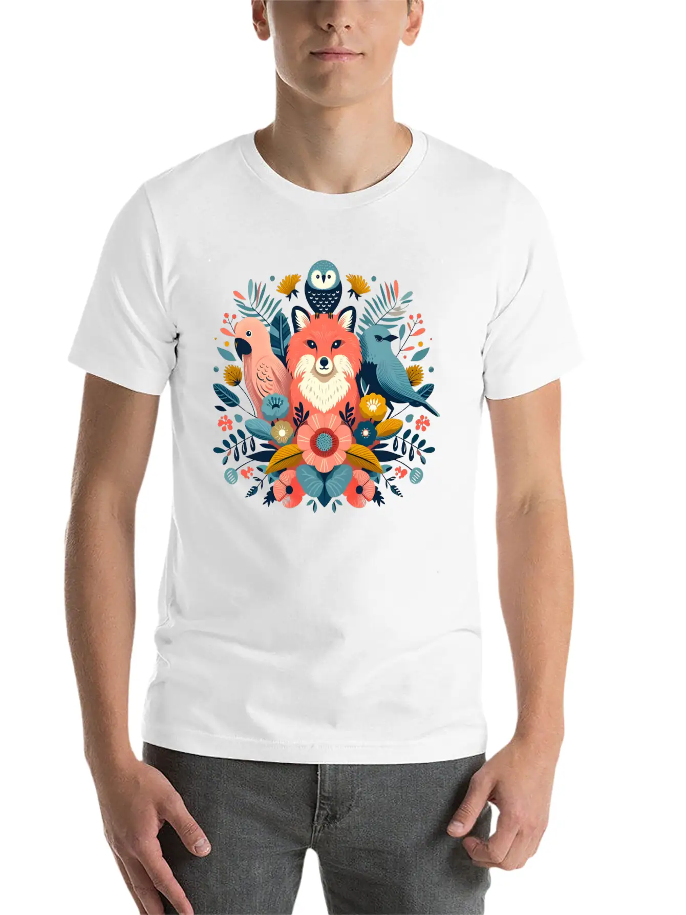 Floral Fox And Avian Harmony Timeless Short Sleeve Tee – Comfy And Minimalist Design