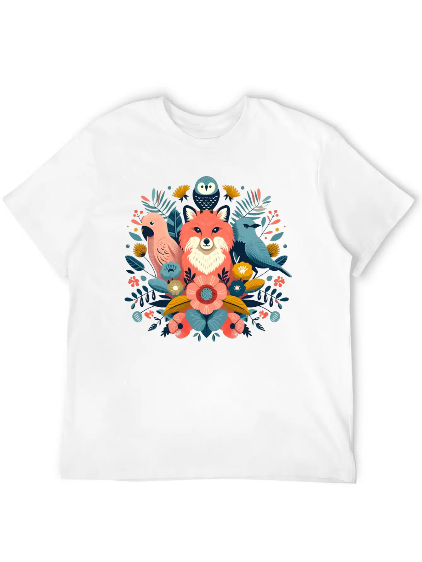 Floral Fox And Avian Harmony Timeless Short Sleeve Tee – Comfy And Minimalist Design