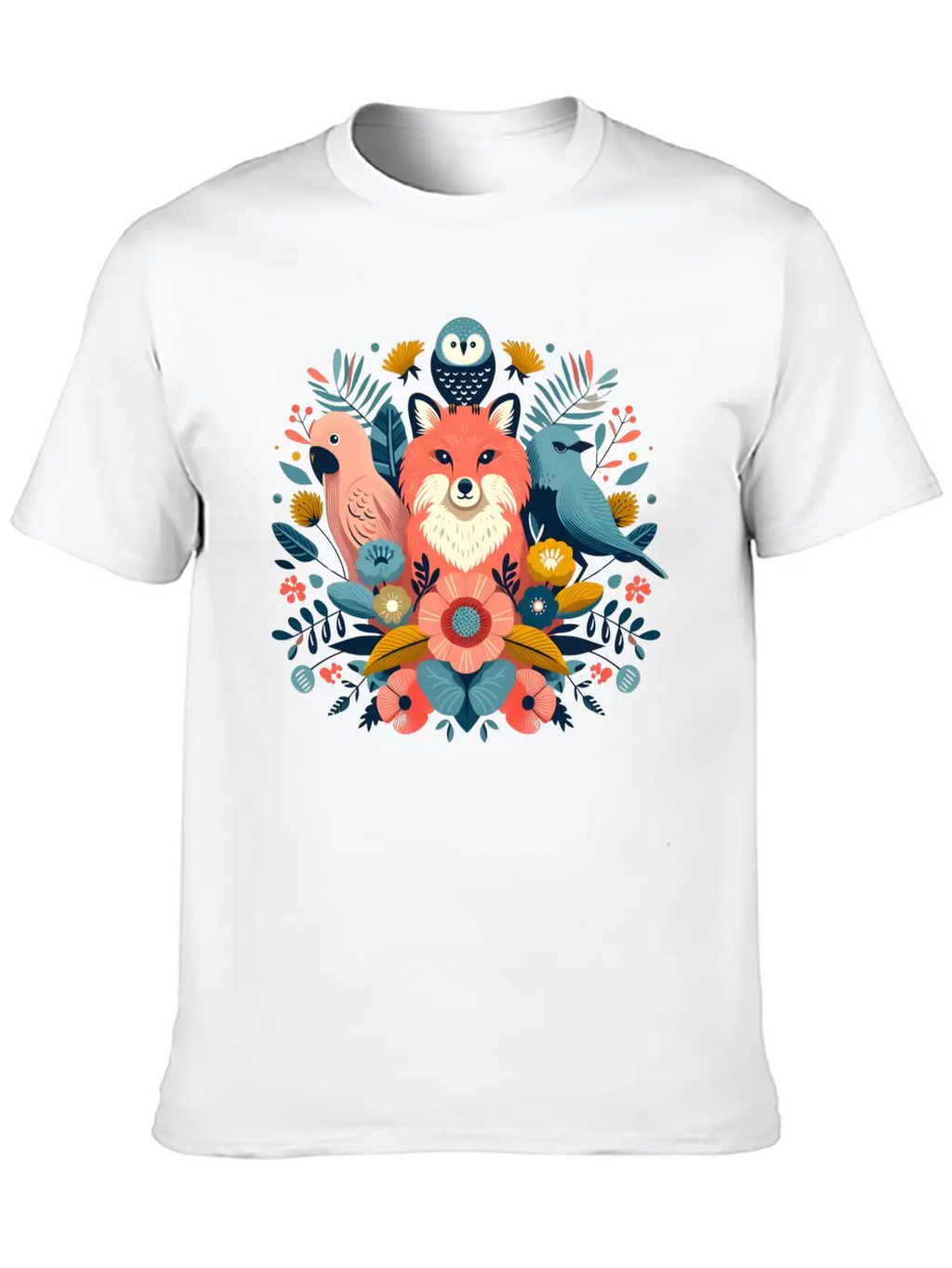 Floral Fox And Avian Harmony Timeless Short Sleeve Tee – Comfy And Minimalist Design