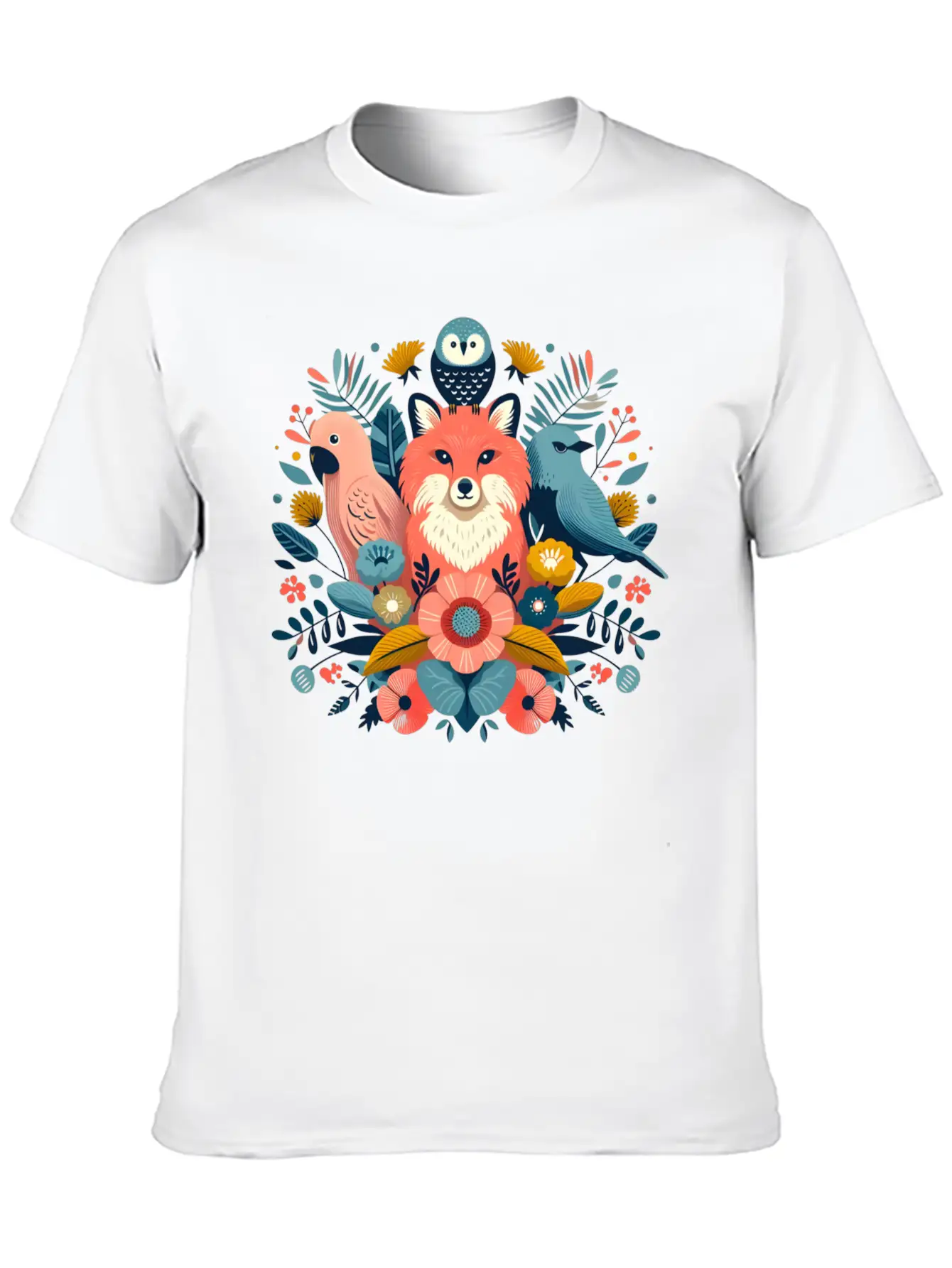 Floral Fox And Avian Harmony Timeless Short Sleeve Tee – Comfy And Minimalist Design
