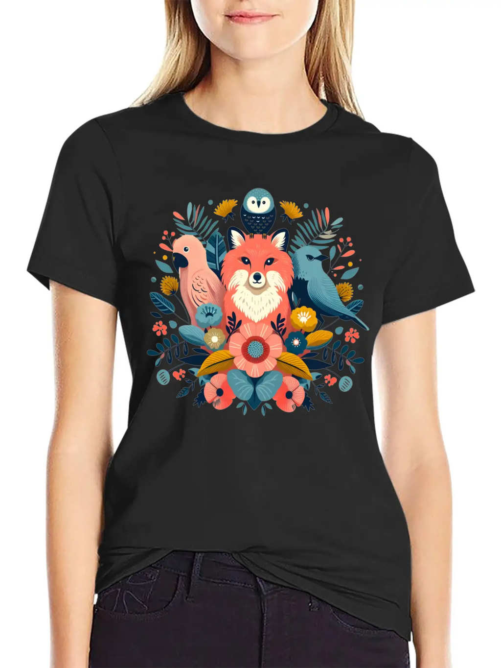 Floral Fox And Avian Harmony Timeless Short Sleeve Tee – Comfy And Minimalist Design