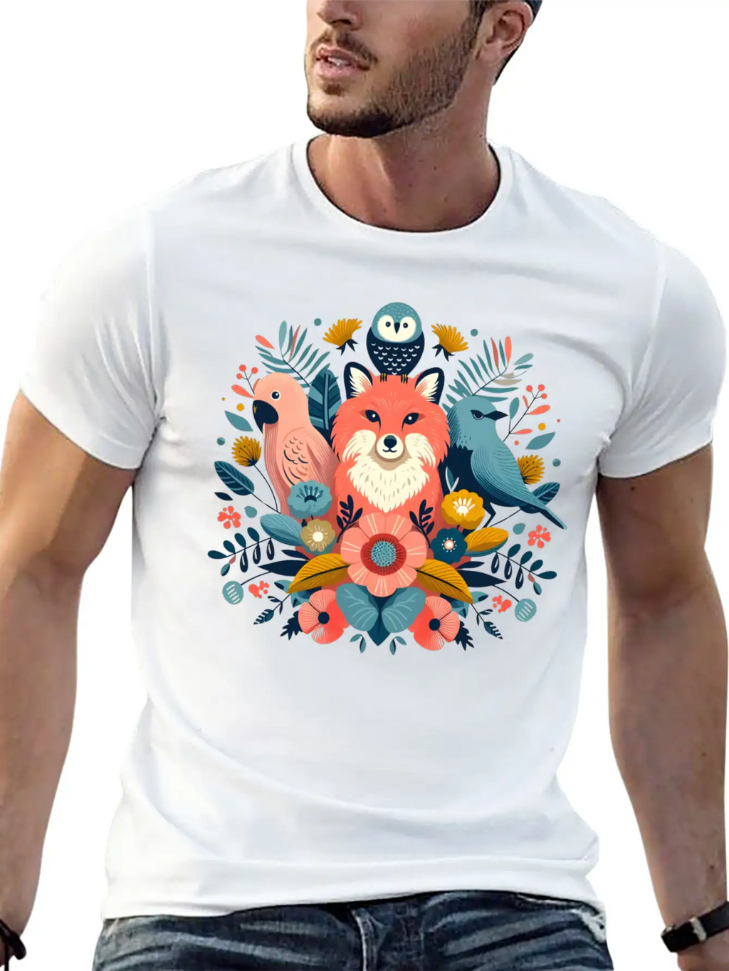 Floral Fox And Avian Harmony Timeless Short Sleeve Tee – Comfy And Minimalist Design